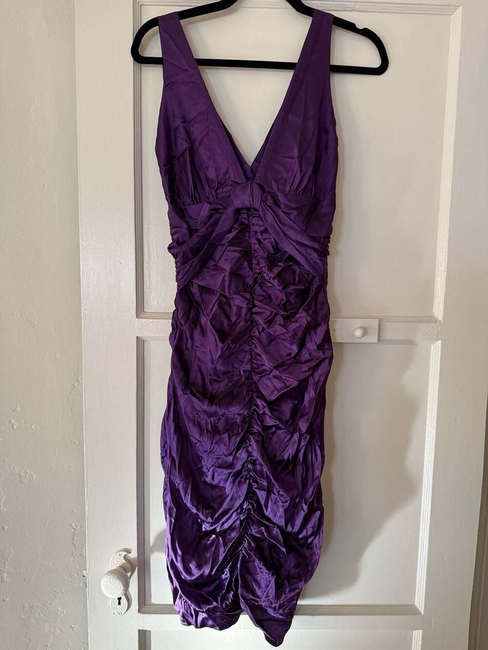 Miguelina Purple Silk Ruched Bodycon Cocktail Dress